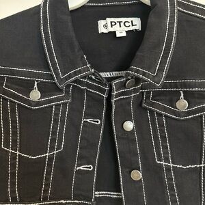 TCL Cropped Black Denim Jacket with White Accent Stitching, NWT, Size M